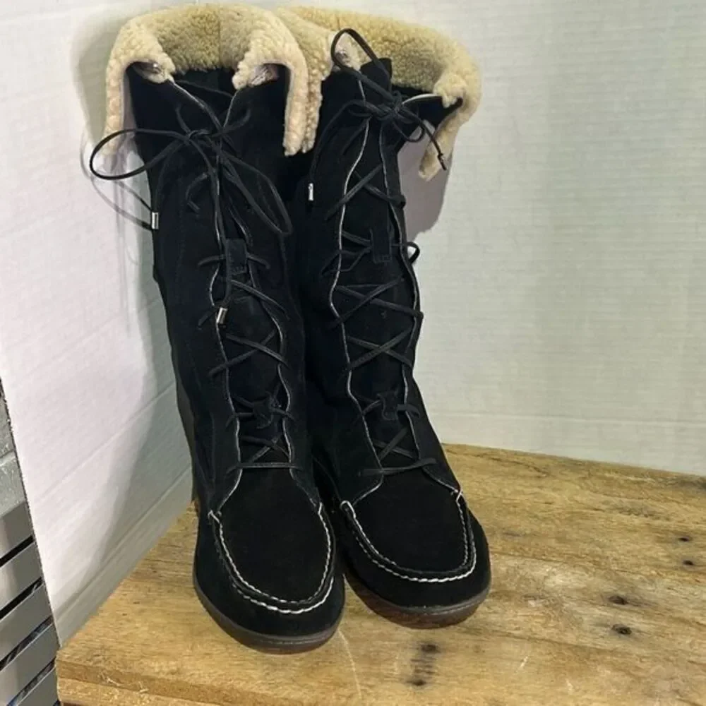 Sperry‎ topsider tall black moccasin boots Sherpa lace up booties